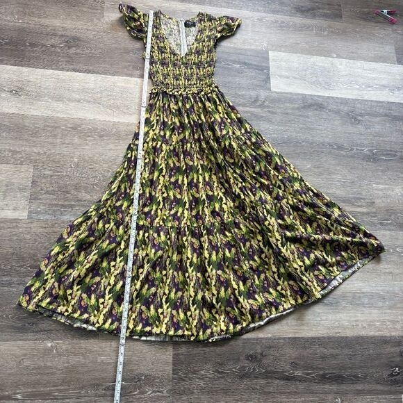 O.P.T  Midi Dress Smock Floral Watercolor Yellow Purple V-Neck Size Small - Picture 4 of 11